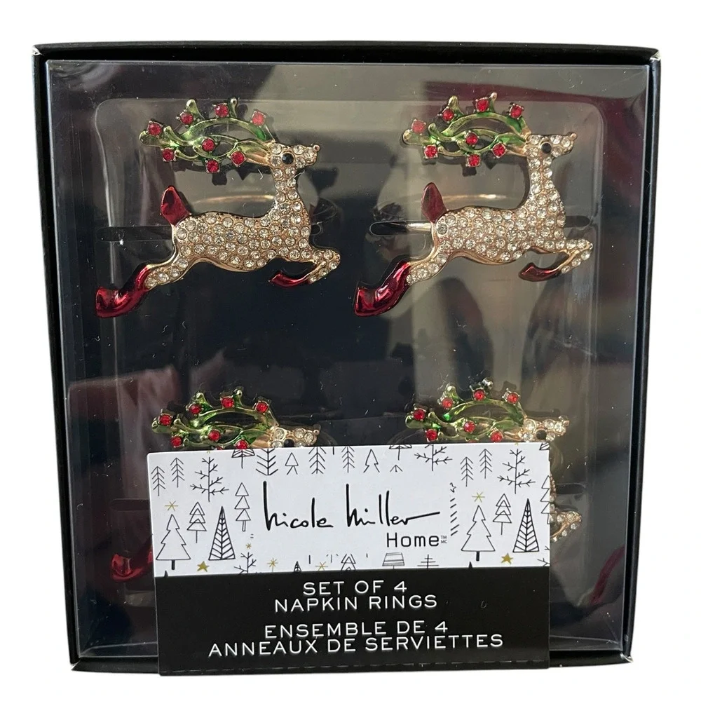 Nicole Miller Christmas Rhinestone Reindeer Napkin Rings Set of 4 Holiday Glam